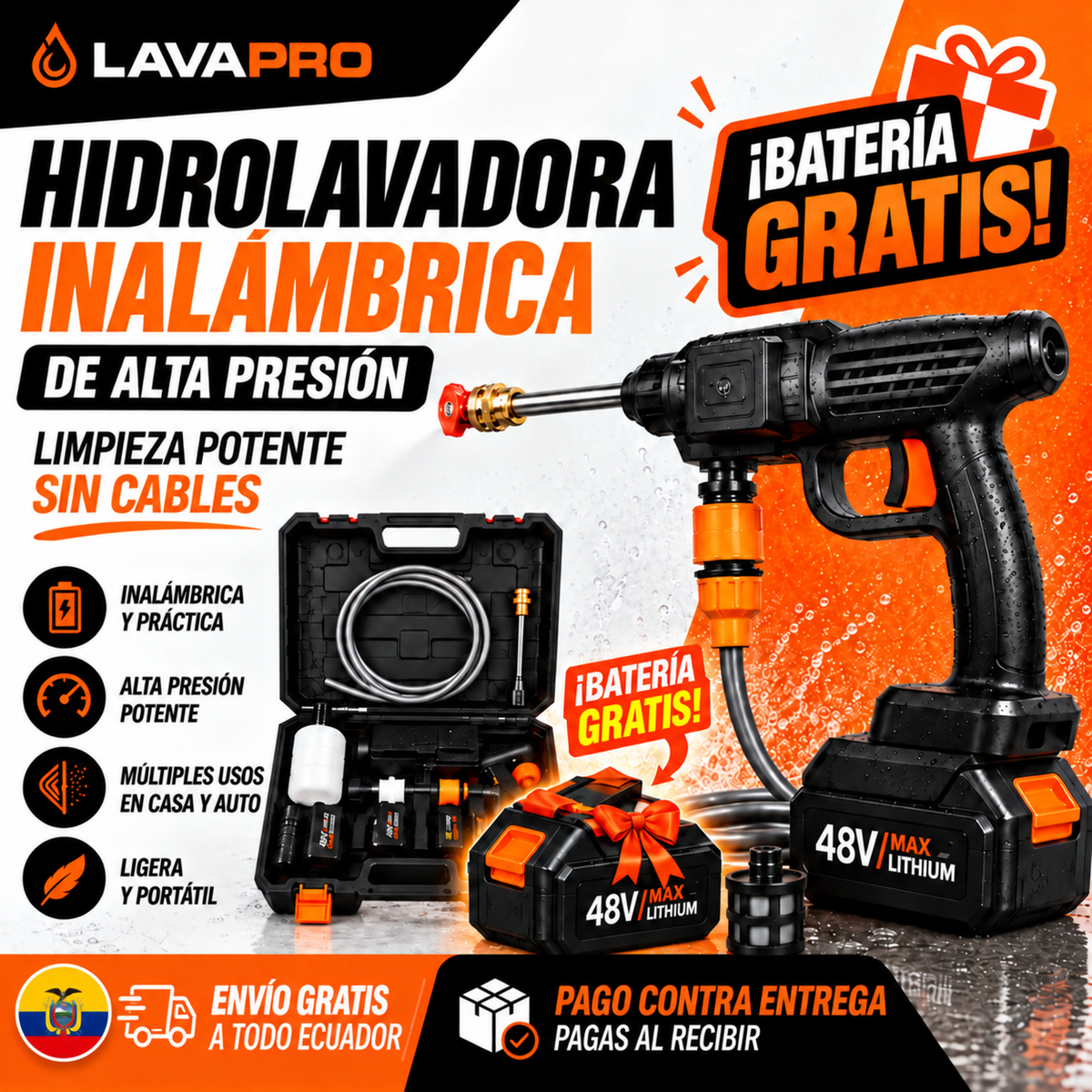 Hidrolavadora Inalámbrica Portátil de Alta Presión y Sin Cabos - con 1 Batería Gratis! 🎁